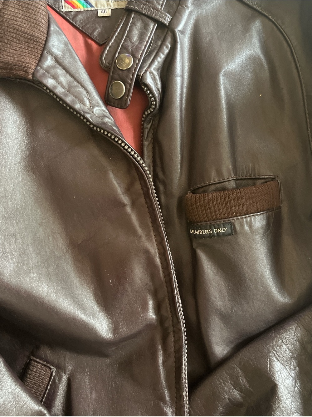 Members Only Dark Brown Leather Bomber Jacket with Rib Knit Trim